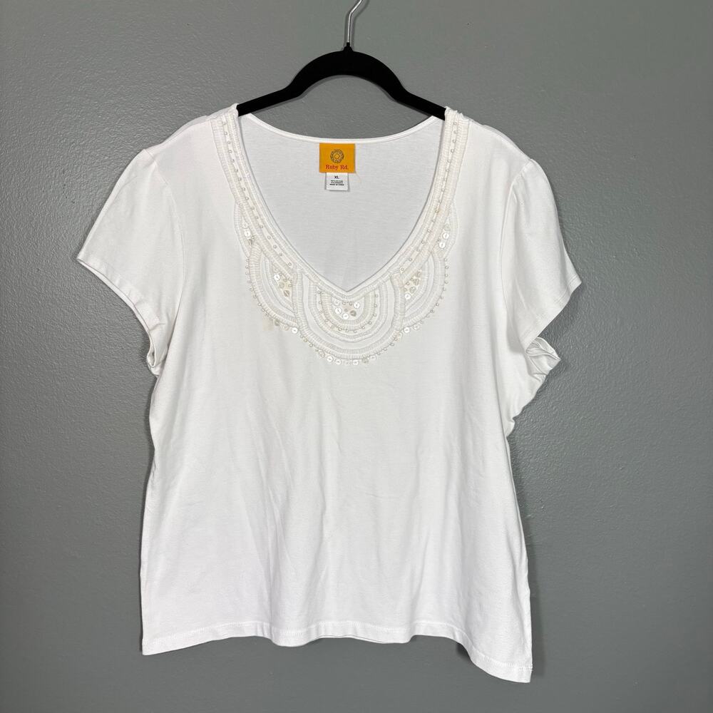 Ruby Rd. Women's White Boho Beaded Sequin V-Neck T-Shirt - Size XL - Festival